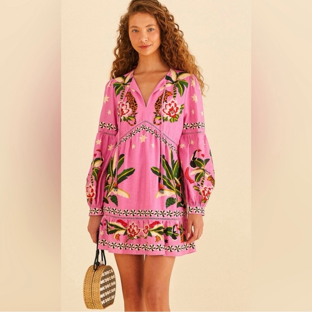 FARM Rio Pink Leopard Forest Mini Dress Beaded babydoll resort tropical Size L - Picture 3 of 9